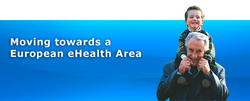 Lächelnder Mann trägt lächelnden Jungen Huckepack. Daneben steht: Moving towards a European eHealth area.