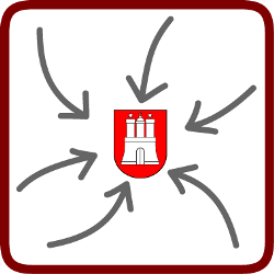 Sechs Pfeile zeigen auf das Wappen Hamburgs